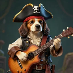 dog as a pirate playing on guitar, digital art, artstation, high detalied,