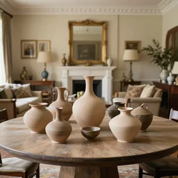 select pottery in various shapes, on table in elaborate livong room, in style of ricardo ow