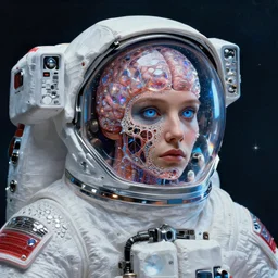 realistic extremely detailed  photo style portrait painting of a complete astronaut suit with exposed diamond 3d fractal lace iridescent bubble 3d skin clear brain , retro futuristic ,water , style of beeple and Anton Pieck, rich moody colors,diamond dust glitter and sparkles, holographic krypton ion,blue eyes,octane render,4k,f32