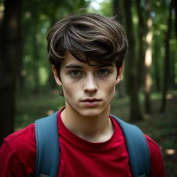 walking in forest, portrait, male teenager, dark shaped eyes, brown hair, red shirt, blue jeans, detailed face, realistic photo.