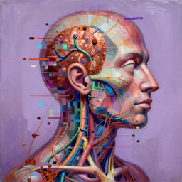 a beautiful glitched abstract primitive shapes painting by robert proch and roman bratschi of an anatomy study of the human nervous system, color bleeding, pixel sorting, copper oxide and rust materials, brushstrokes by jeremy mann, dramatic lighting, pastel purple background