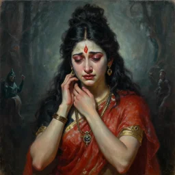 A cinematic mid portrait of the crying Hindu demon goddess of grief despair sorrow, by Edward Hopper, by Wayne Barlowe, by Paul Lehr, by Bruce Pennington, by Zdzisław Beksiński, by HR Giger, oil on canvas, masterpiece, trending on artstation, featured on pixiv, cinematic composition, astrophotography, dramatic pose, beautiful lighting, sharp, details, details, details, hyper-detailed, no frames, 8K