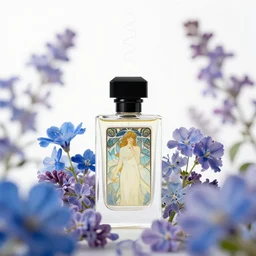 perfume bottle surrounded by artistic, blurred blue and lilac flowers, white background, simple path traced, environment, up close shot shinji aramaki, karol bak, alphonse mucha