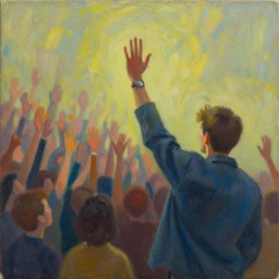 creative commons. a painting of someone waving at future people.
