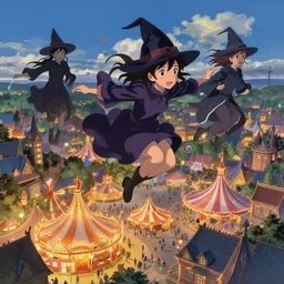 young witches flying above explore small town carnival carnival, highly detailed, digital painting, concept art, matte, art by ruan jia and wlop and greg rutkowski and makoto shinkai, masterpiece