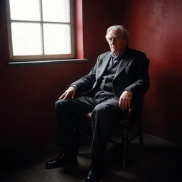 beksinski style older man sitting on a chair in dark basement with red walls and one window