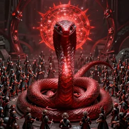 an evil red magical serpent rises up over an army, concept art, beautiful design, sharp, fantasy aesthetic, highly detailed, artgerm, trending on artstation, award - winning,