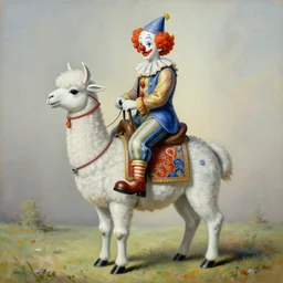a clown riding a llama, surrealist painting by igor morski, gediminas pranckevicius, beeple, ornament, porcelain, super - resolution, soft lighting, ray tracing global illumination, in a symbolic and meaningful style