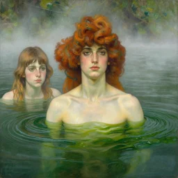hyperrealist portrait in a river, half body, green water flow algae by alphonse mucha and lucian freud and bouguereau, fog, very detailed faces