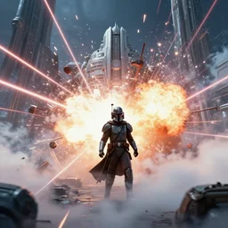 still image screenshot cloud city is under attack, empire strikes back, badass action scene with laser explosions and sparks, from the tv show mandalorian on disney +, scene in front of a strange building, moody cloudy volumetric lightm imperial invading beautiful cloud planet, backlit sunset, anamorphic lens, 3 5 mm film kodak 1 9 8 0 s