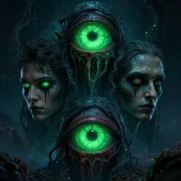 3 d neon green eyes, cult secret society art by james paick, and shaddy safadi, ominous, cosmic horror, trending on artstation, ultra detailed, hyper realistic 4 k, octane, cinema 4 d, c 4 d render