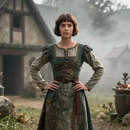 film still of jenna coleman, short hair, wearing medieval peasant dress, outside medieval farmhouse, glamour pose, deep focus, dramatic lighting, octane, mist, steve mccurry, volumetric lighting, 8 k