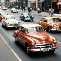cars from the 1 9 5 0's and 1 9 6 0's, driving in a city, various colors and models, in style of haddon sundblom