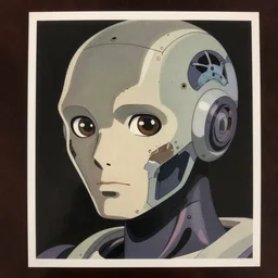 a stylized 2 d cinematic keyframe of a close - up portrait of a damaged android, cel - shaded, classical animation, edge to edge print, rendered by hiromasa ogura, artgerm, mamoru oshii