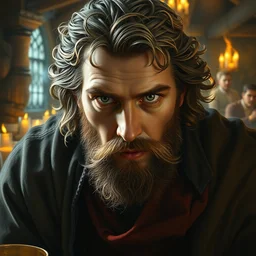 henry cavill as a d & d fire mage in a fantasy tavern, closeup portrait, by donato giancola, symmetry!!