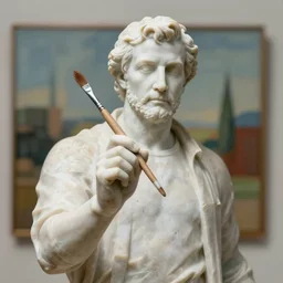 a marble statue of a man holding a paintbrush in front of a painting, front view camera, depth of field, professional photography, realistic, 4 k, very detailed, natural lighting, defined shadows