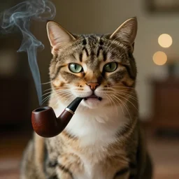 a cinematic cat smoking a pipe, front view, ultra realistic, canon, 3 5 mm, bokeh, coherent