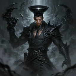 a highly detailed illustration of fierce korean man with bowl cut black hair wearing tie with giant black claws, evil wielding giant black fog claws pose, foggy lovecraftian black mist surrounding background, perfect face, intricate, elegant, highly detailed, centered, digital painting, artstation, concept art, smooth, sharp focus, league of legends concept art, wlop.