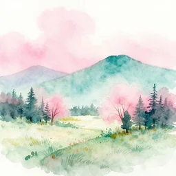 watercolor landscape, pink and teal, high key lighting,