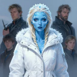 character concept portrait, frozen blue skinnned michelle williams covered in ice!!!!!!, wearing a white winter coat, blond hair, style digital painting, concept art, smooth, sharp focus, illustration, from metal gear, by ruan jia and mandy jurgens and william - adolphe bouguereau, artgerm