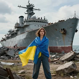 ukrainian girl with ukrainian flag near big ruined warship, ruins everywhere, concept art, trending on artstation, highly detailed, intricate, sharp focus, digital art, 8 k