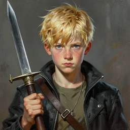 an epic fantasy comic book style portrait painting of a young blonde boy thief in the style of david aja