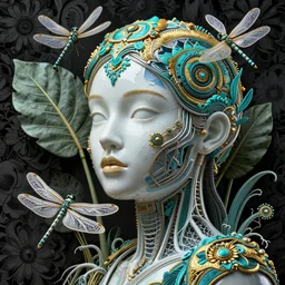 cinema 4d colorful render, dark scene, ultra detailed, of a broken porcelain woman's face. biomechanical, analog, macro lens, dark light, big leaves and large Dragonflies, stems, roots, fine foliage lace, turquoise gold details, high fashion haute couture, art nouveau fashion embroidered,  intricate details, mesh wire, mandelbrot fractal, anatomical, facial muscles, cable wires, elegant, hyper realistic, in front of dark flower pattern wallpaper, ultra detailed