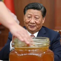 A high quality photograph Xi Jinping sticking his hand in a honey jar, 85mm