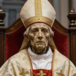 mummified pope in his throne at the vatican, desiccated, close - up portrait, pontiff hat, mitre pretiosa, hyper realistic, sharp focus, highly detailed