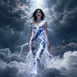 dress made of lightning, japanese woman, solemn, female, rising from clouds, high detail, high contrast, extreme close up portrait, beautiful, bokeh, storm clouds, god rays, d & d, fantasy, elegant, blue white color palette, concept art, artgem, greg rutkowski, alphonse mucha