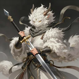 whimsical fluffy guardian warrior holding a sword of hiyabusa square, scarf, flowing cape, windy, ribbons, close up, details, sharp focus, elegant, highly detailed, illustration, by jordan grimmer greg rutkowski wlop maya takamura, intricate, trending artstation, pixiv, digital art