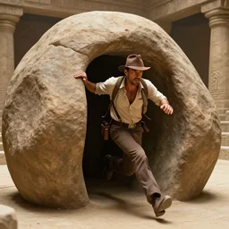 Indiana Jones running from boulder trap in ancient temple movie scene
