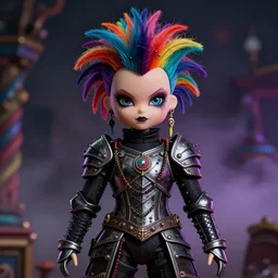 photorealistic portrait of a curiosities carnival, single doll punk in a full gothic armor, multiple dyed colors haircut, marvel, symmetry accurate features, focus, rainbow lighting, very intricate details, award winning masterpiece, by tom bagshaw, ultra deep fog background