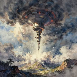 a drill that would pierce the heavens, scifi watercolor painting