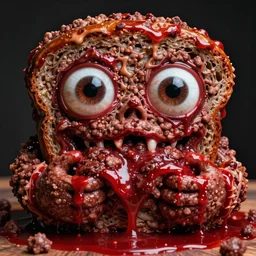 big eyes wide open, horrific sentient meatloaf, holding meatloaf, sloppy, gross, meatloaf, hyper realistic, terrifying, disturbing, strange, bizarre, masterpiece, meatloaf is everywhere, ground beef bloody, liquid, 4 k, vivid colors, elegant, highly detailed, john park, frazetta, john howe, ruan jia, jeffrey catherine jones