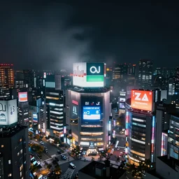 modern japanese cityscape at night, low clouds, foggy, colorful lighting, dark atmosphere, neon signs and billboard ads, dim volumetric lighting, 8 k octane render, hdr, postprocessing, hyperdetailed, intricate, epic composition, cinematic lighting, masterpiece, trending on artstation, by nathan walsh, by greg rutkowski