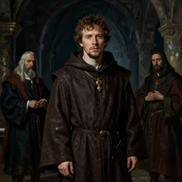 jesse eisenberg as an enigmatic medieval christian ( ( monk ) ) in a dark underground city. dark shadows, colorful, law contrasts, ( ( ( dim light ) ) ) fantasy portrait by jakub rozalski, jan matejko, and j. dickenson