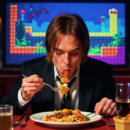 iggy pop eating dinner gameplay still frame, 4 colors, pixel art, retro, splash screen, level design, high contrast, background, deep focus, highly detailed, dramatic lighting, digital painting, artstation, concept art, matte, greg rutkowski, moebius, illustration.