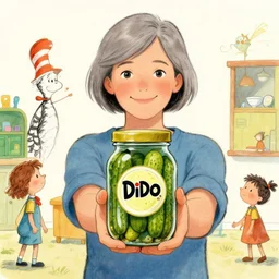 a smiling woman with short grey hair proudly holding a fido jar into the camera. the jar is filled with green pickles. chlidren's illustration by dr. seuss, eric carle, louis wain