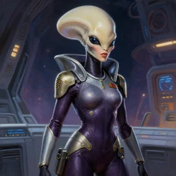 epic professional digital photo of female alien starship captain, painting, by neal adams and joelle julie, artstation, cgsociety, wlop, epic, much wow, much detail, gorgeous, detailed, cinematic, masterpiece
