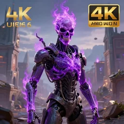 terminator with purple flaming skull, destroyed town on background, fantasy artwork, very beautiful scenery, hd, hdr, ue 5, ue 6, unreal engine 5, cinematic 4 k wallpaper, 8 k, ultra detailed, by popular digital, details, beautiful image ever created, high resolution, artstation, award winning