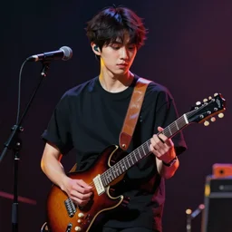 a young korean man wearing black t shirt plays electric guitar on stage, dramatic lighting, glowy, matte colors, fascinating music, by conrad roset, dramatic brush painting, trending on artstation