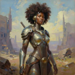 a beautiful oil on canvas of a futuristic afrofuturistic warrior, detailed, beautiful, stunning, post - apocalyptic landscape in the background, epic sky, vray render, artstation,, pinterest, sci - fi, afrofuturism, 5 0 0 px models