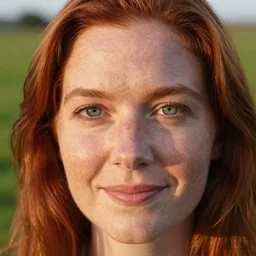 high detail, macro portrait photo, an irish woman with green eyes and red hair, smiles at the camera, set in a green open field of grass at golden hour, shot using a zeiss supreme prime lens