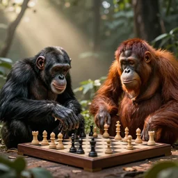 a chimpazee and a orangutan playing chess
