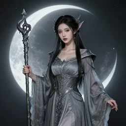 professional photograph of a real - life beautiful elemental moon witch with ornate grey robes and staff. extremely detailed. 8 k