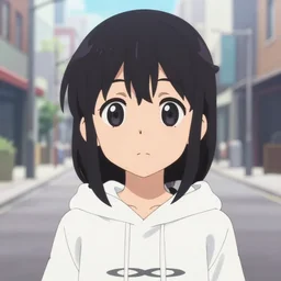anime visual, portrait of a young black haired girl wearing hoodie on the detailed city street background, one person, cute face by yoh yoshinari, katsura masakazu, studio lighting, full body shot, strong silhouette, zoom out, ilya kuvshinov, cel shaded, crisp and sharp, rounded eyes, bright