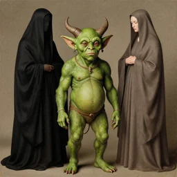 a green-horned goblin monster, standing next to veiled figure, by Jan van Eyck