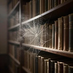 photo of a dusty library with cobwebs | rays of light passing through a bookshelf, soft lights, dust particles, award - winning photograph, high definition 8 k