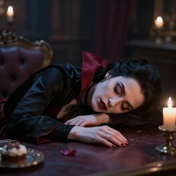 a beautiful lady vampire falling asleep at a table, cinematic, art, epic, digital masterpiece, romantic lighting
